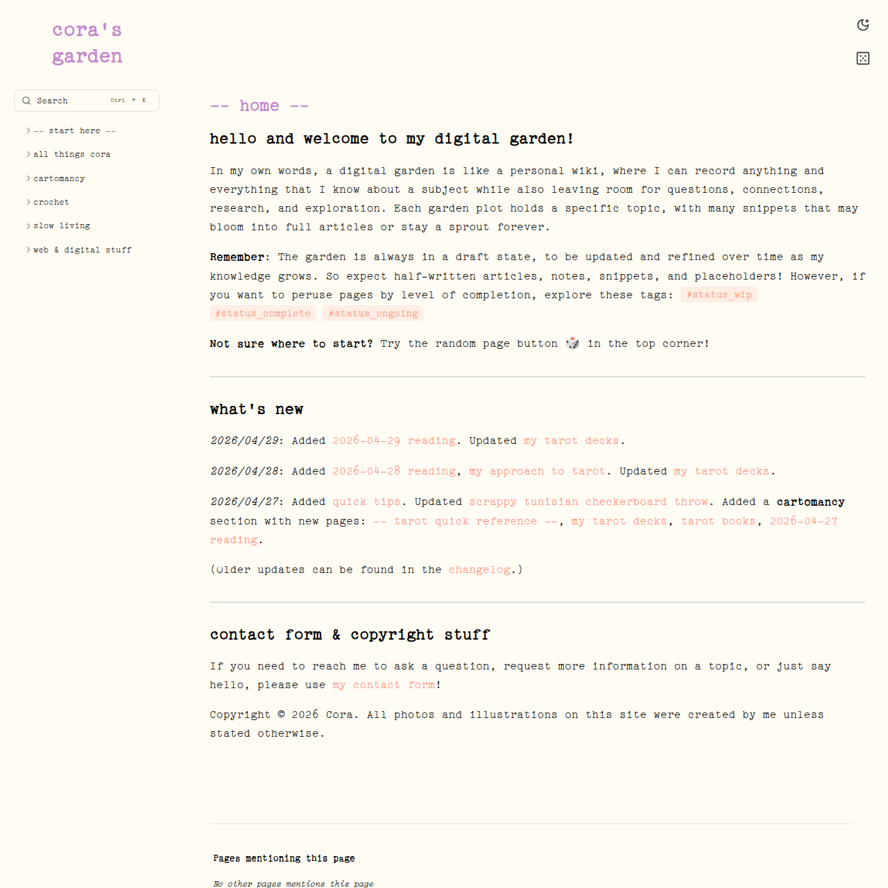 screenshot of digital garden site